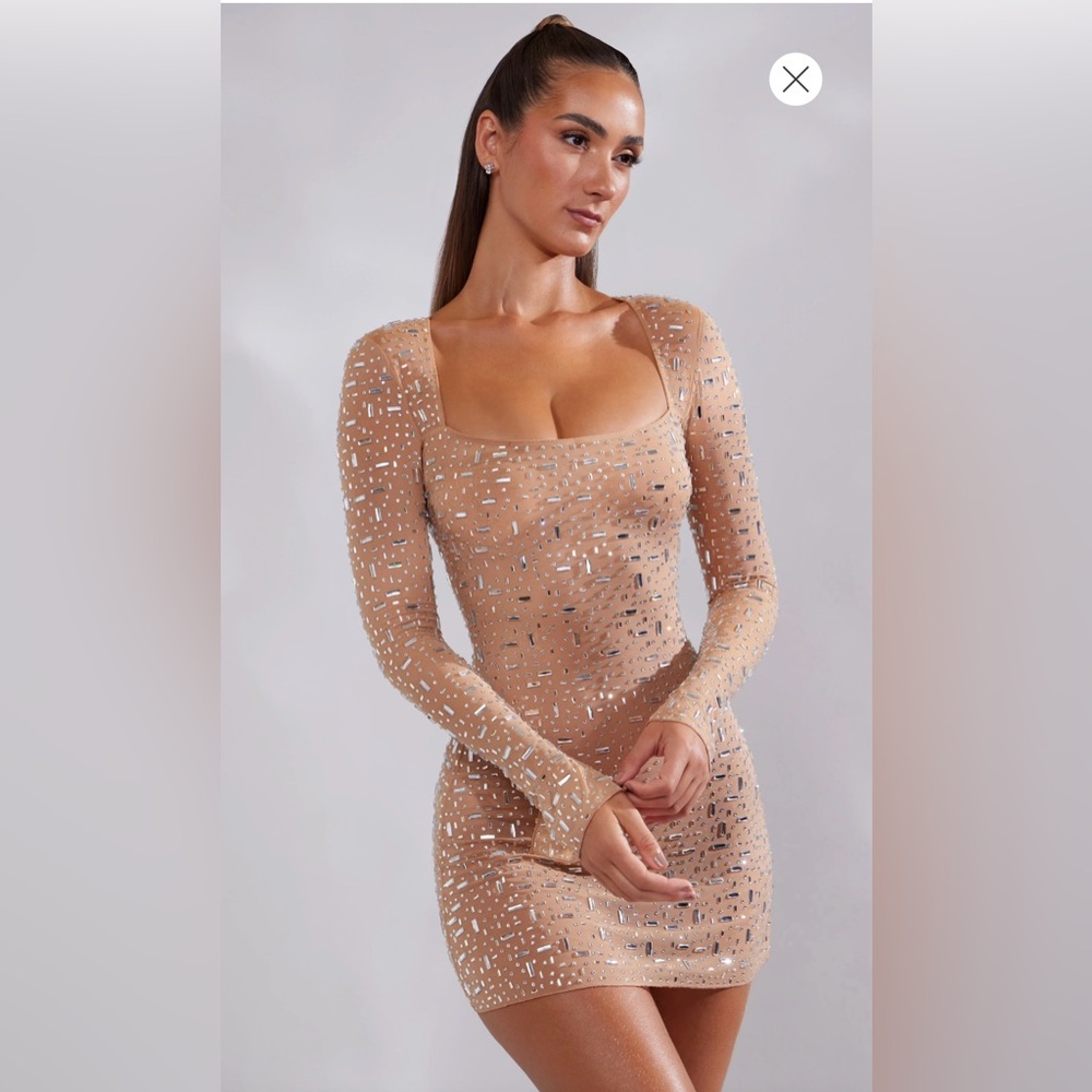 ZETA
Sheer Embellished Long Sleeve A-Line Mini Dress in Almond